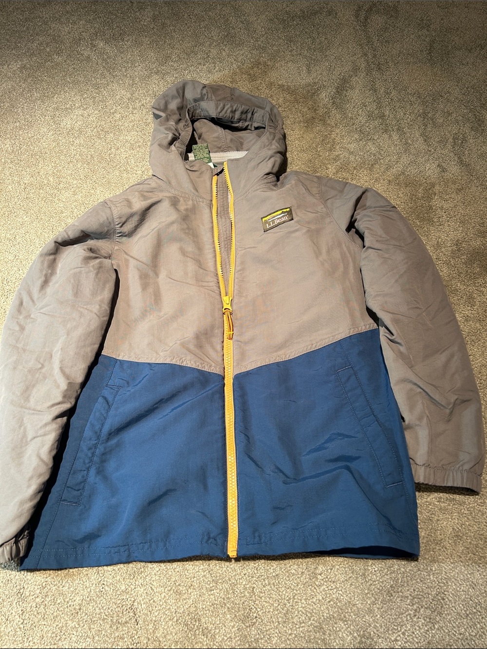L.L. Bean Two-Tone Hooded Puffer Jacket - Gray & Navy with Yellow Zipper